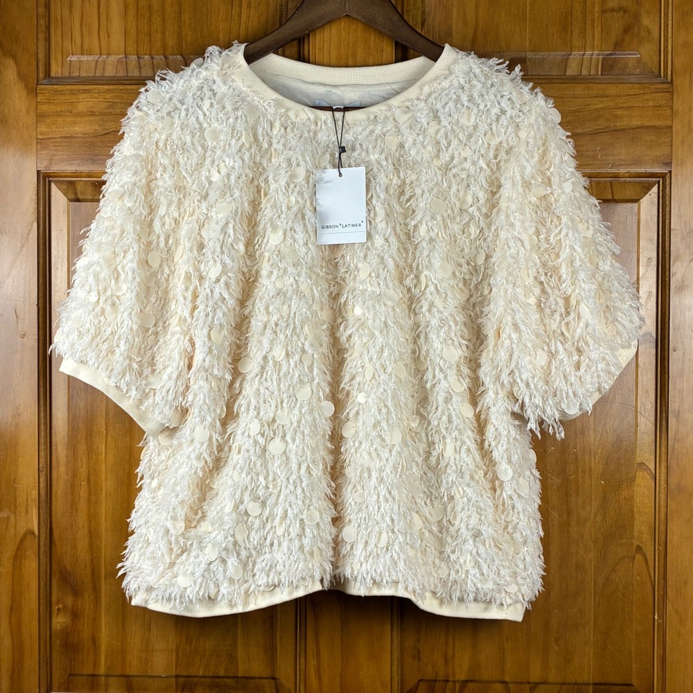 Gibson & Latimer NWT Cream Sequin Fringe Short Sleeve Sweater XL Top Eyelash